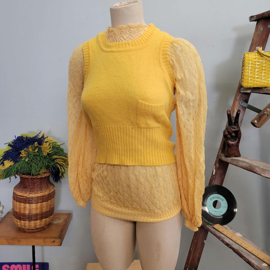 vtg 70s YELLOW SWEATER SET // vintage medium puffed sleeve sheer knit sweater & optional yellow sweater vest for layering pastel sunny fall