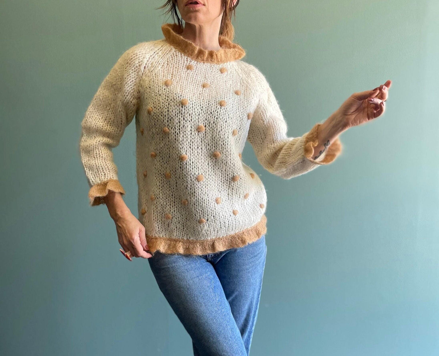 vtg 60s POM MOHAIR SWEATER // vintage flare sleeve trimmed cuffs ivory cream fuzzy sweater soft white taupe polka dots Pom Pom  granny style