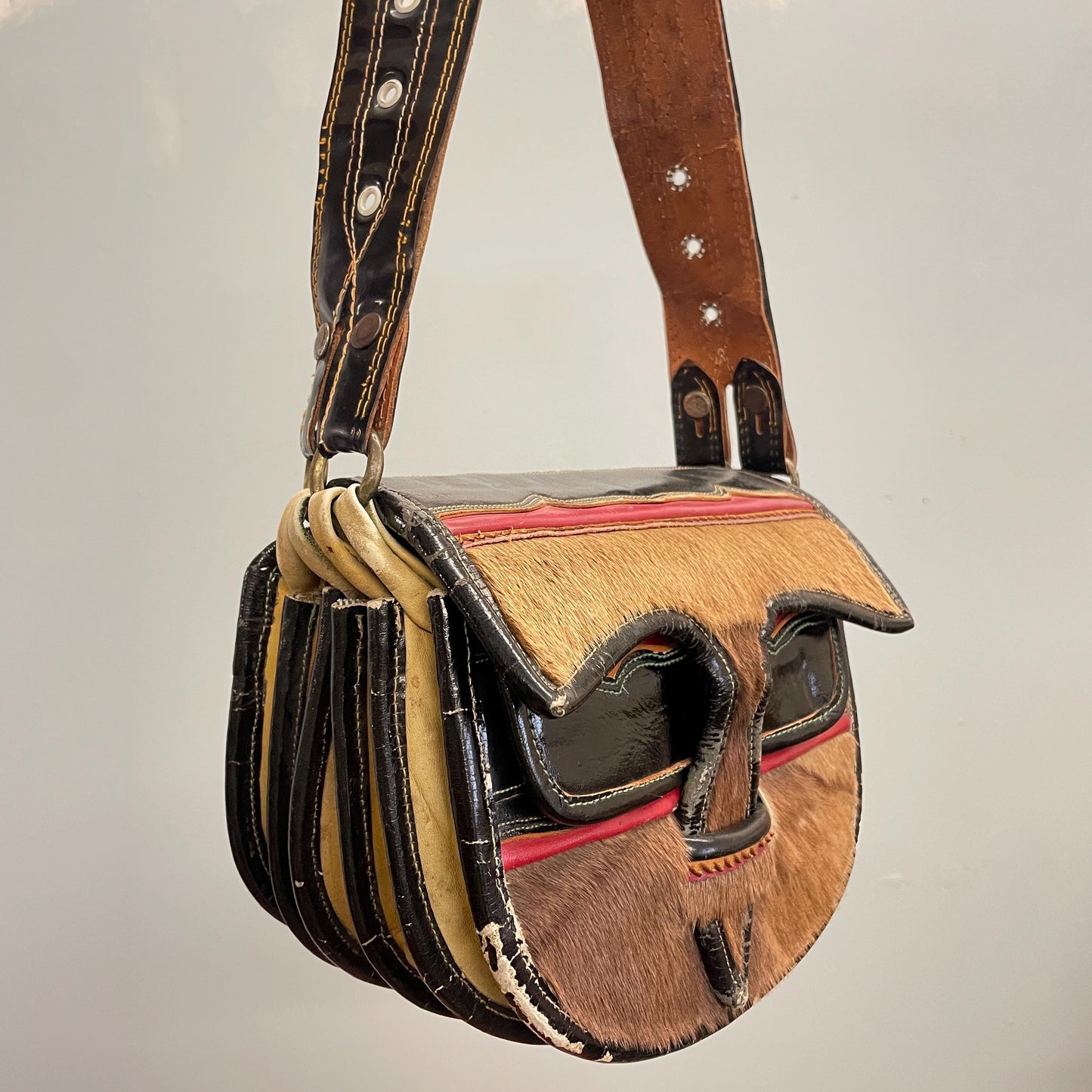 vtg 70s LEATHER & FUR SATCHEL // vintage rustic colombia nutria fur buckle purse western hippie retro messenger crossbody unisex handbag