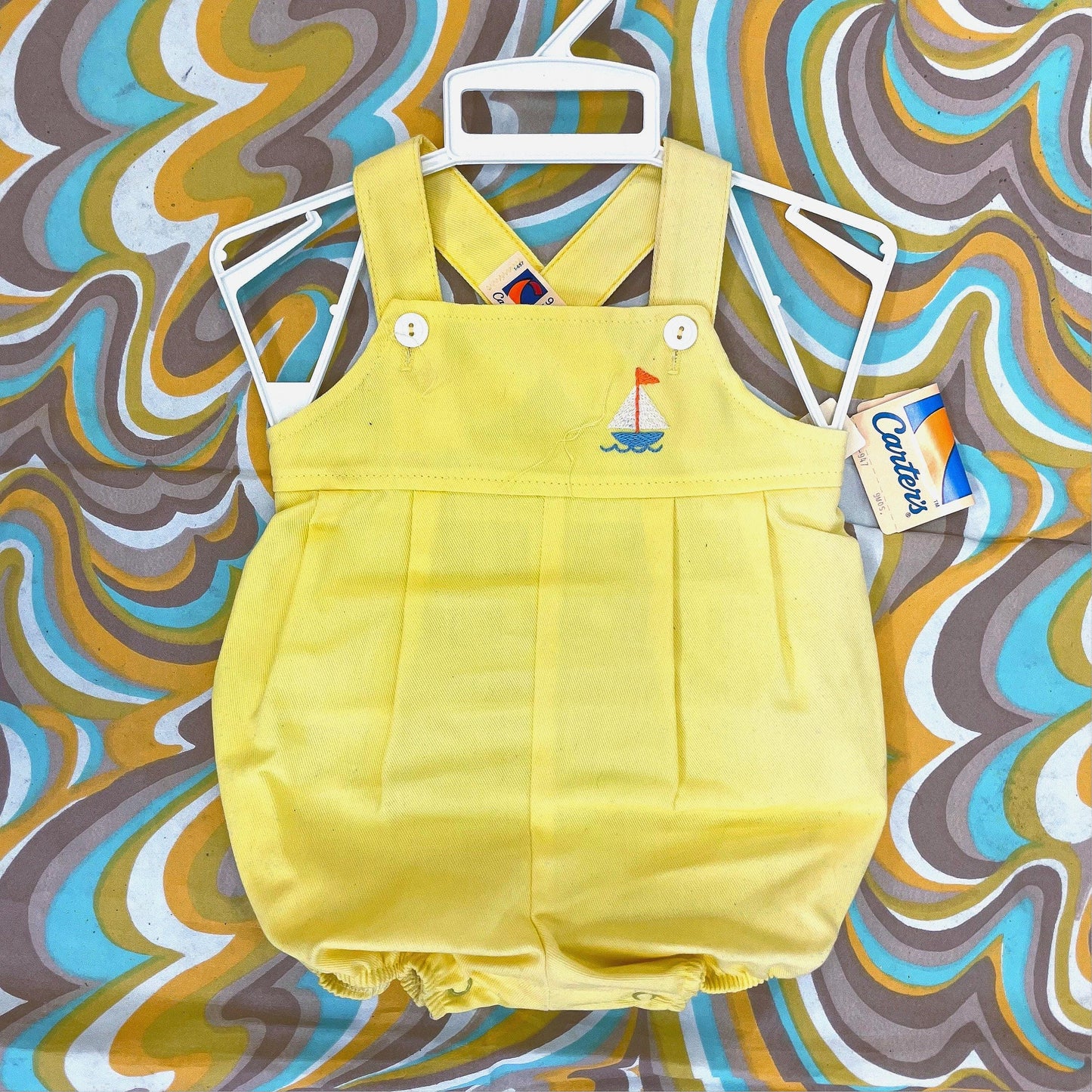 vtg 70s SAILBOAT BABY OVERALLS // vintage 12 month yellow bubble onesie cute unisex nautical infant outfit snap up retro autumn layers style