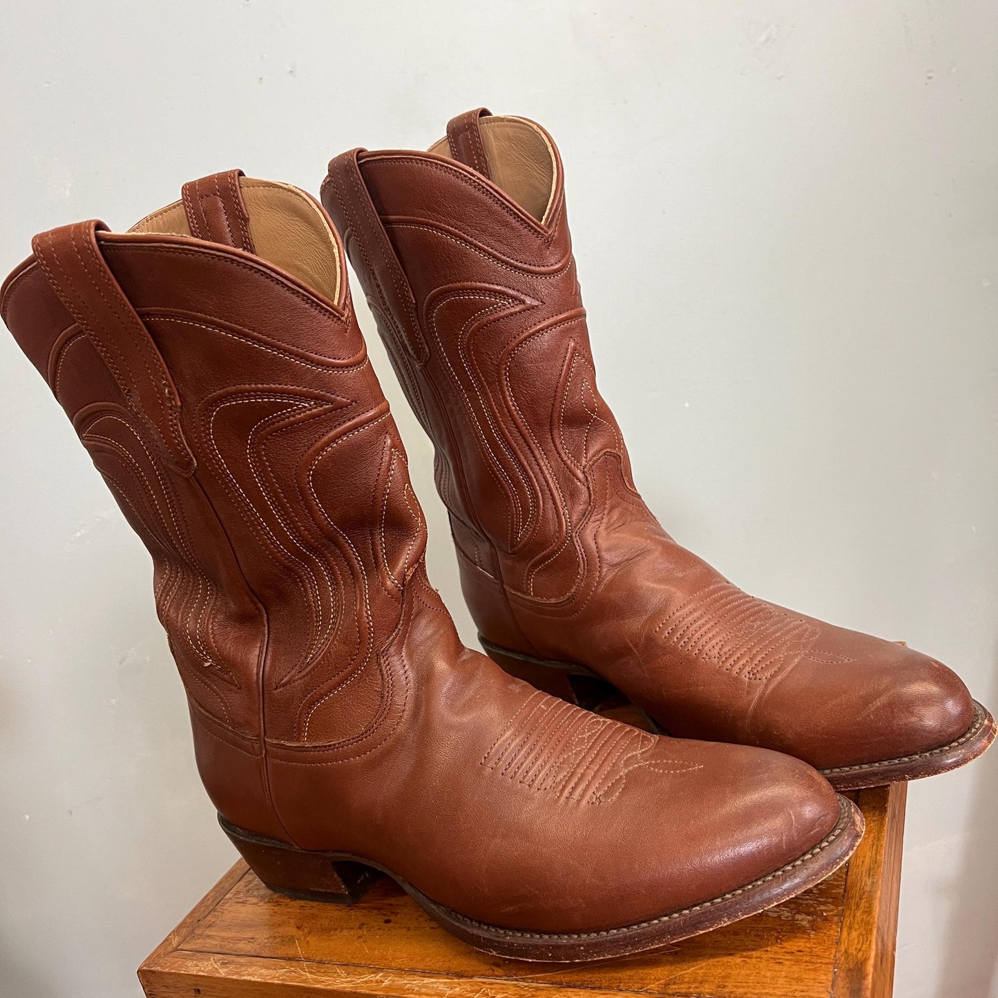 vtg 70s TECOVAS LEATHER BOOTS  // vintage size 11 mens usa rich caramel brown leather pointy toe western style cowboy boots hippie biker