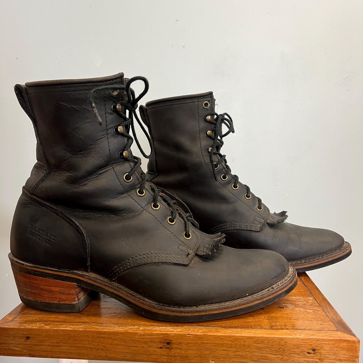 vtg 80s LEATHER FRINGE BOOTS // vintage santa fe lace roper matte black boots wooden heel skinny ankle rounded pointy platform witch style