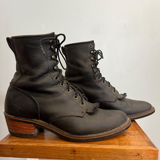vtg 80s LEATHER FRINGE BOOTS // vintage santa fe lace roper matte black boots wooden heel skinny ankle rounded pointy platform witch style