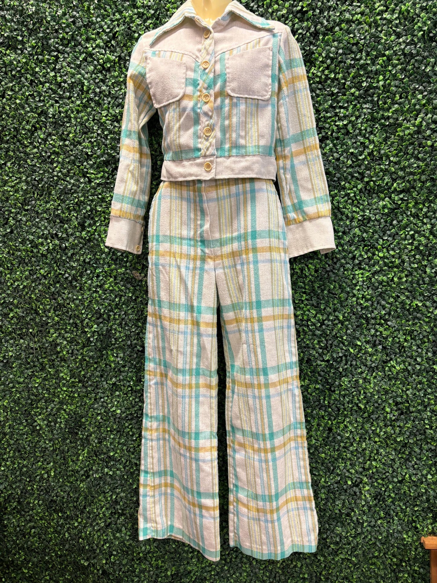 vtg 70s 2 PIECE PANTSUIT Set // vintage flare leg blue yellow plaid bell bottoms and pointy collar retro blazer top juniors teens autumn