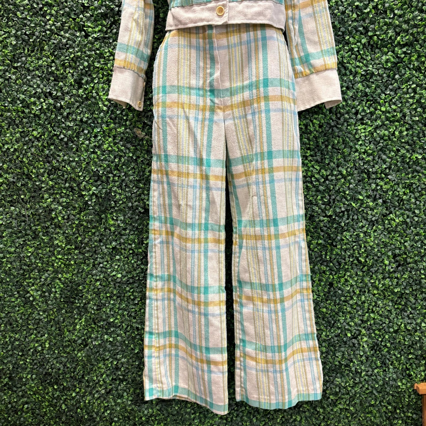 vtg 70s 2 PIECE PANTSUIT Set // vintage flare leg blue yellow plaid bell bottoms and pointy collar retro blazer top juniors teens autumn