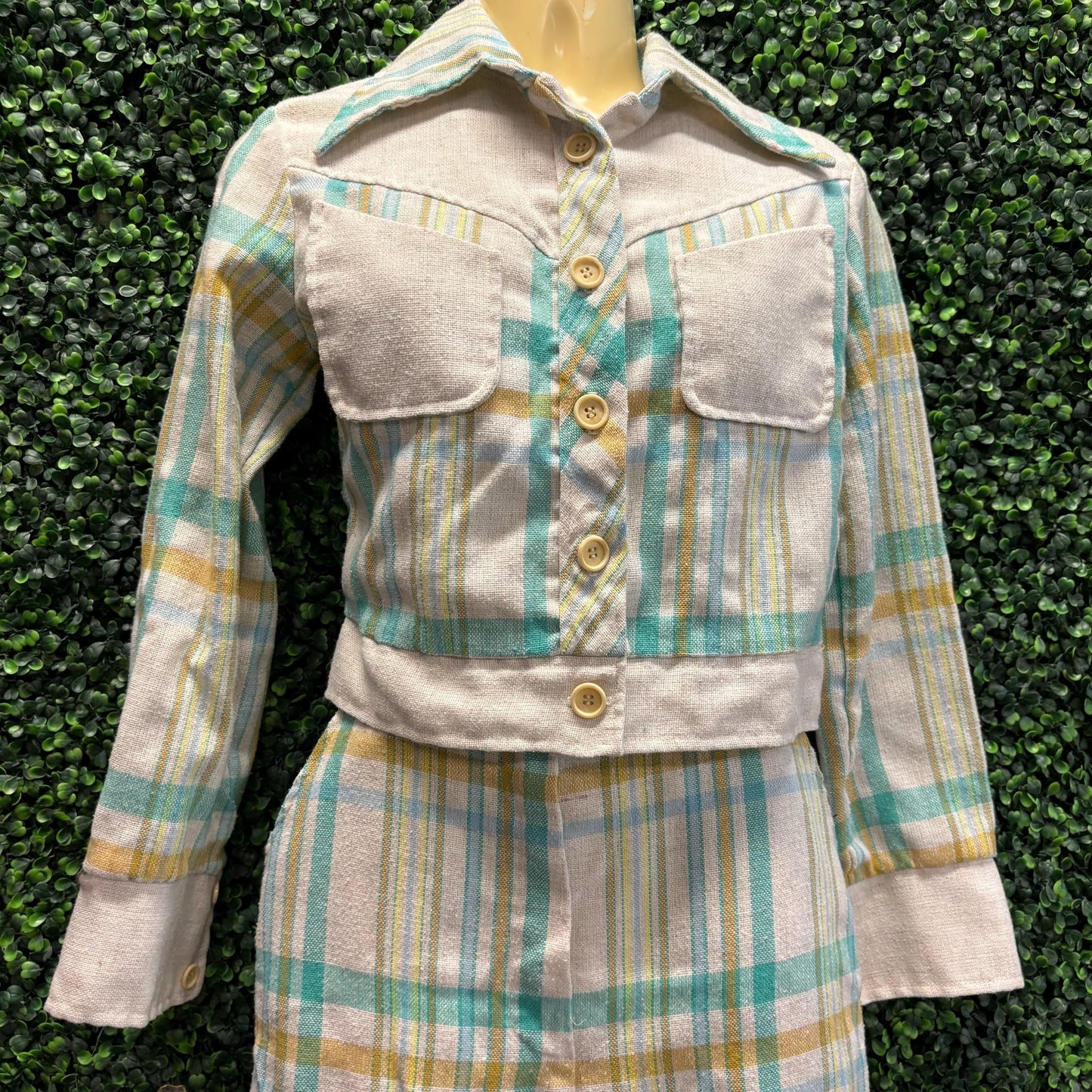 vtg 70s 2 PIECE PANTSUIT Set // vintage flare leg blue yellow plaid bell bottoms and pointy collar retro blazer top juniors teens autumn