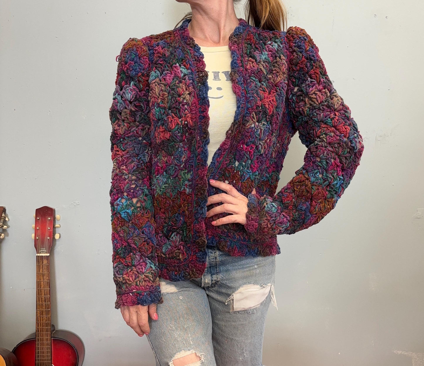 vtg 80s JEWEL TONES SWEATER // vintage estelle 1986 hand woven structured bright purple pink space dye textured cardigan cozy autumn vibes