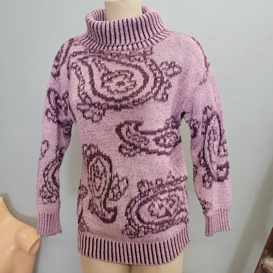 Vtg 90s PARIS SPORTS CLUB Sweater // vintage mauve pink purple ribbed thick cotton comfy knit paisley print oversized autumn romantic casual