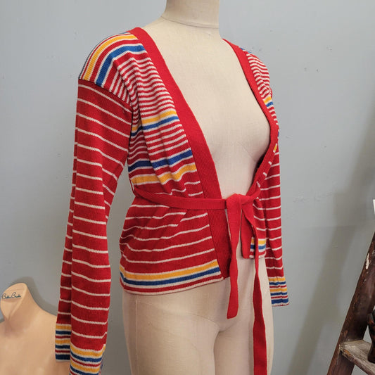 Vtg 70s RAINBOW STRIPED CARDIGAN // vintage flare bell sleeve retro space dye hippie boho small women’s autumn colors primary colorway cute