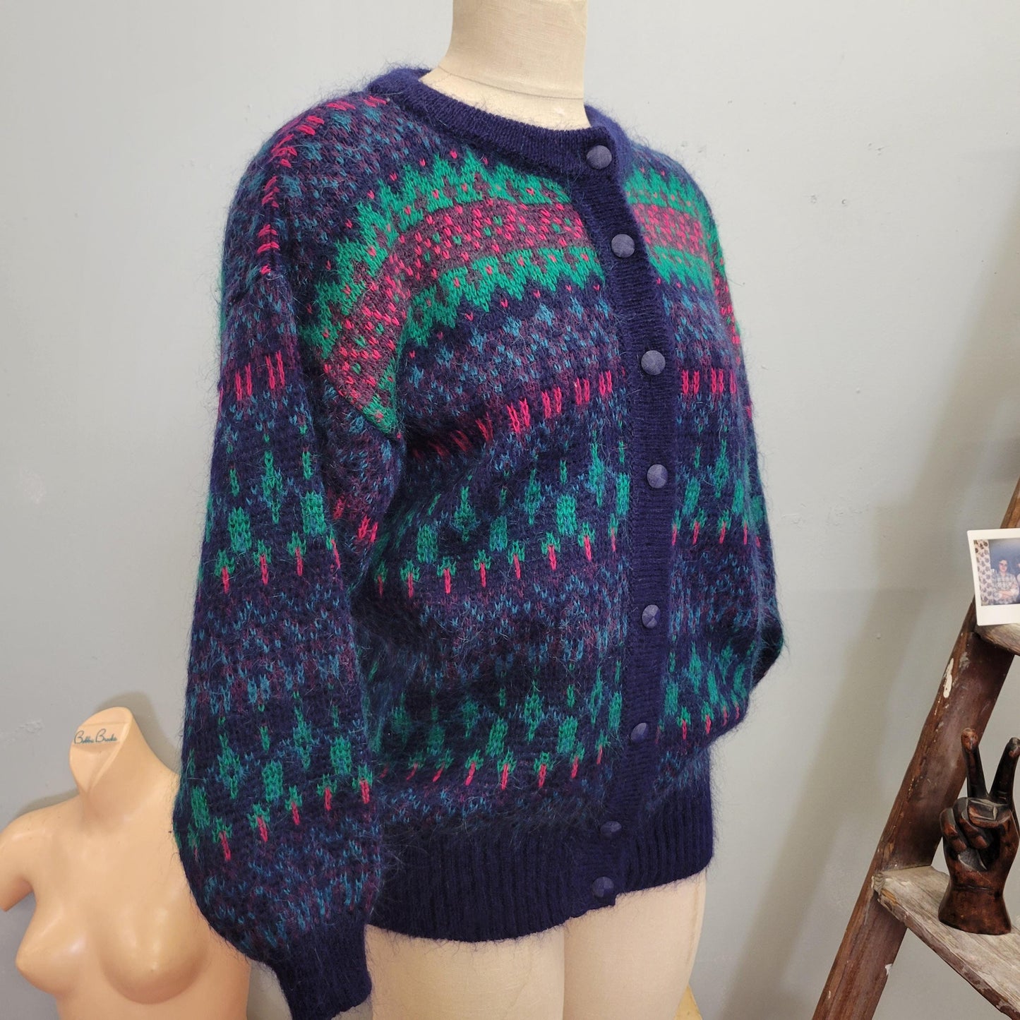 vtg 80s PATTERNED MOHAIR CARDIGAN // vintage zig zag geometric abstract print button up bright jewel tone cardigan fuzzy shaggy funky retro