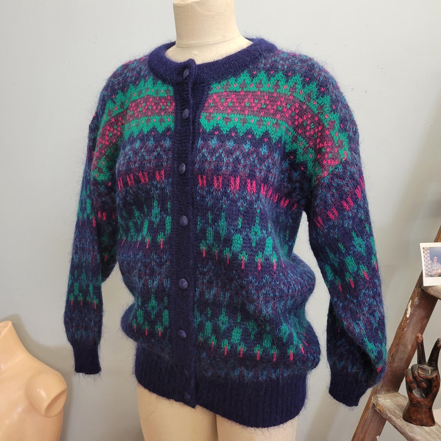 vtg 80s PATTERNED MOHAIR CARDIGAN // vintage zig zag geometric abstract print button up bright jewel tone cardigan fuzzy shaggy funky retro