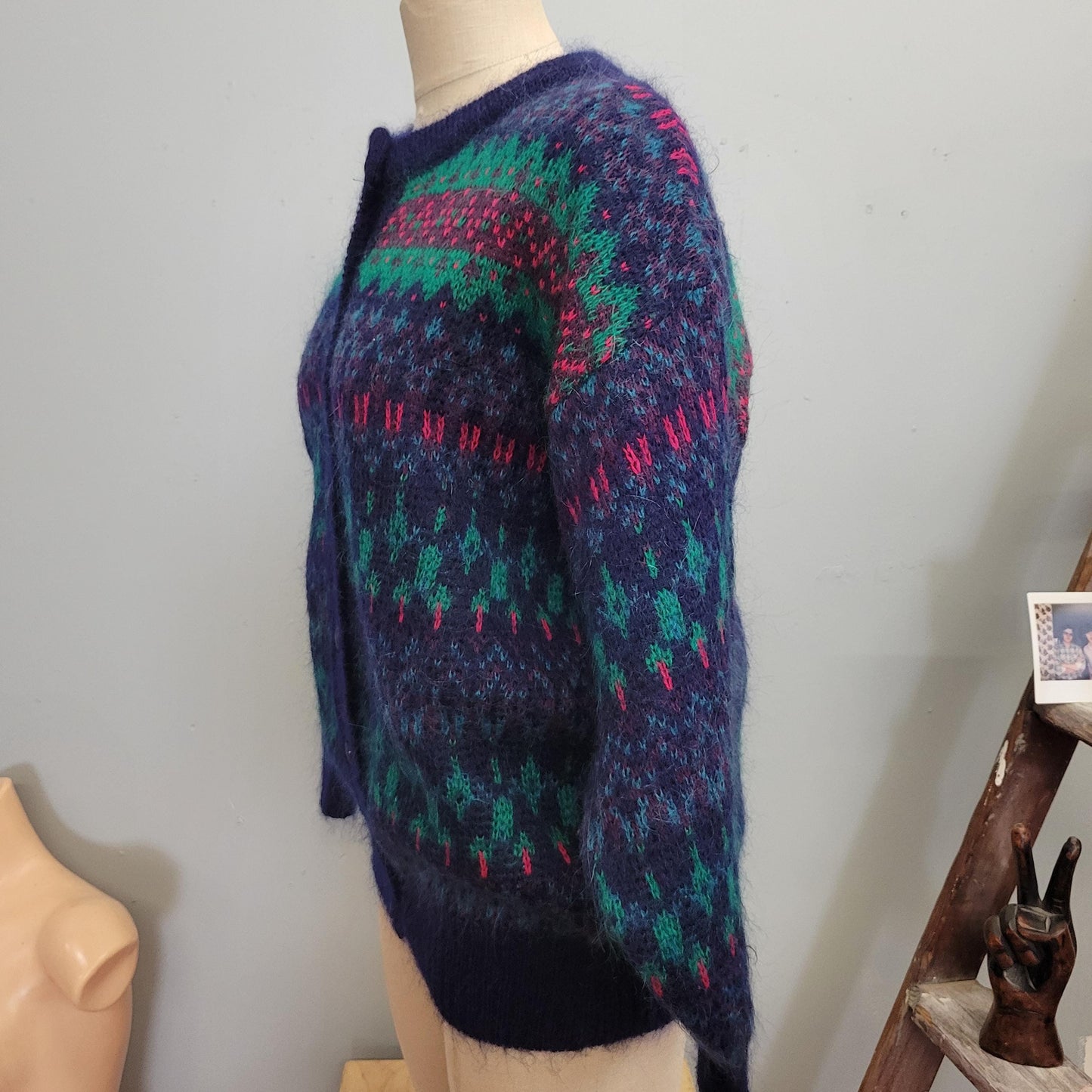 vtg 80s PATTERNED MOHAIR CARDIGAN // vintage zig zag geometric abstract print button up bright jewel tone cardigan fuzzy shaggy funky retro