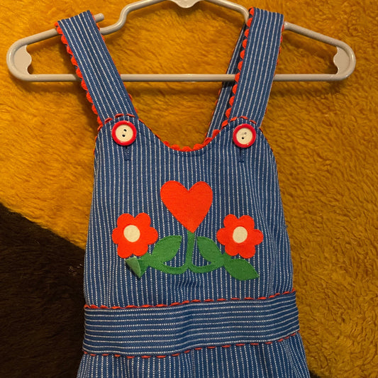 vtg 70s TODDLER HEART OVERALLS // vintage flower applique hippie boho bell bottom overalls girls retro pinstriped coveralls autumn americana