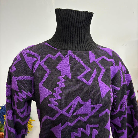 vtg 80s PURPLE ABSTRACT SWEATER // vintage large womens op art abstract purple turtleneck ribbed retro autumn vibe fall fashion casual style
