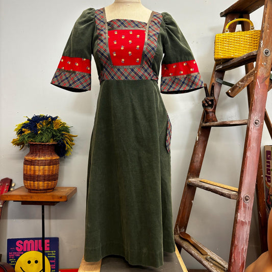 vtg 70s AUTUMN CORDUROY DRESS // vintage folky patchwork sage green floral hippie retro Americana festive flare sleeve kitschy belted fall