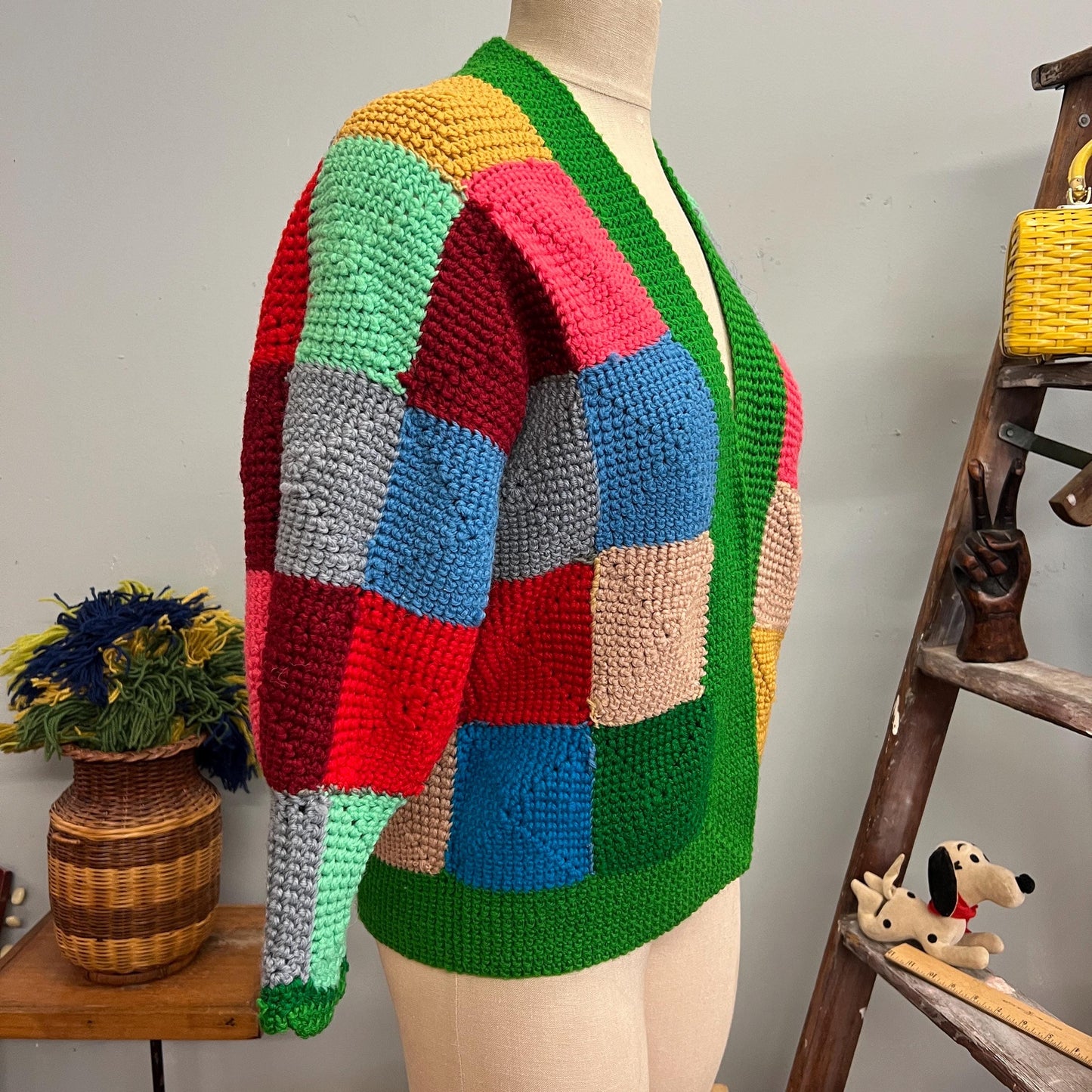 vtg 70s PATCHWORK RAINBOW CARDIGAN // vintage knit geometric pastel granny squares afghan sweater mod hippie retro autumn winter fashion top