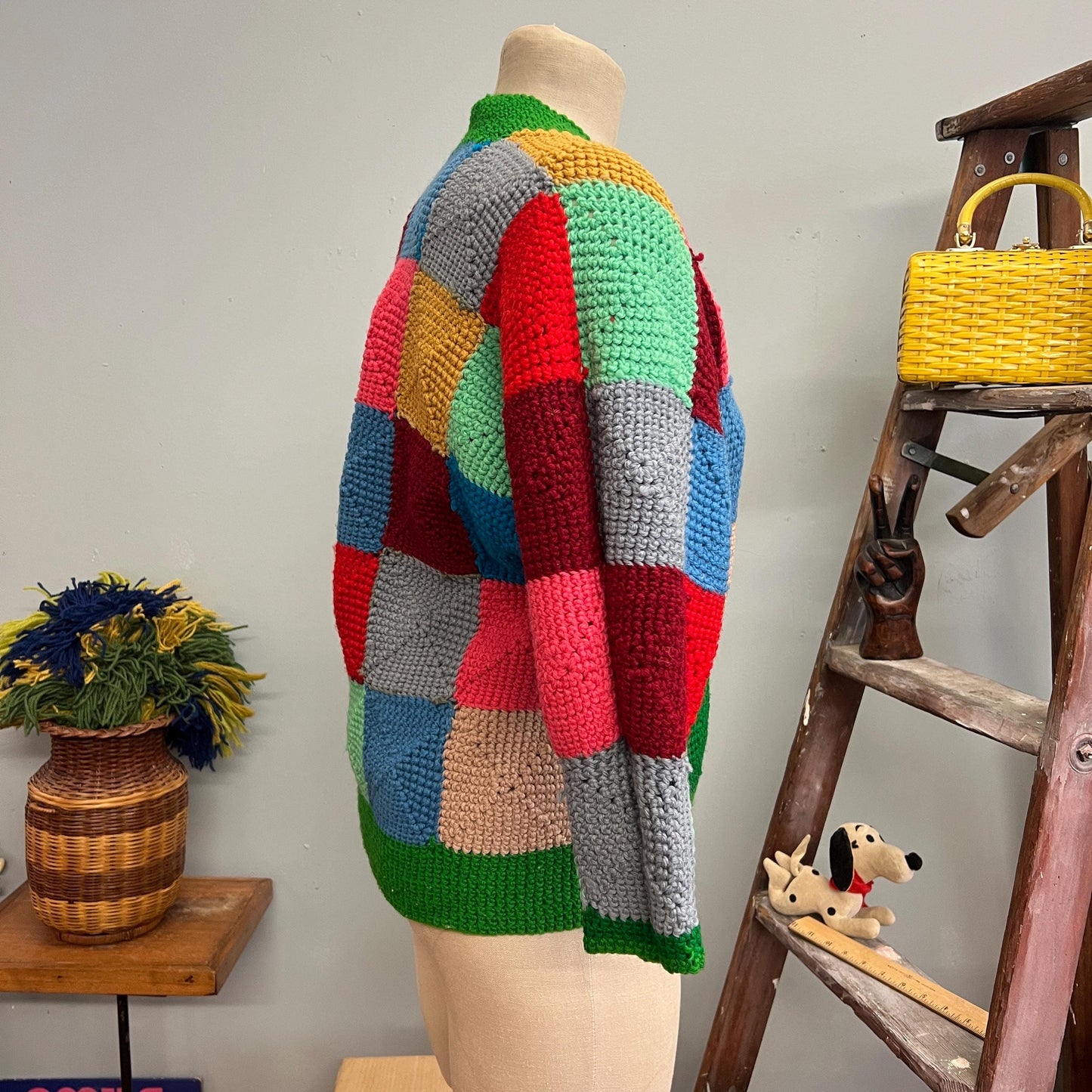 vtg 70s PATCHWORK RAINBOW CARDIGAN // vintage knit geometric pastel granny squares afghan sweater mod hippie retro autumn winter fashion top