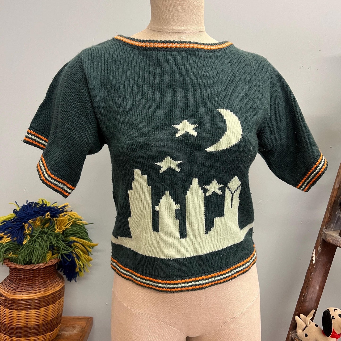 vtg 70s CITY CEMETERY TOP // vintage mister Noah large sweater vest graveyard striped cropped knit top retro celestial star pattern autumn