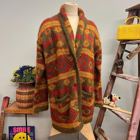 vtg 80s OVERSIZED MOHAIR CARDIGAN // vintage paul alexander medium autumn vibes shaggy fuzzy shawl collar long slouchy warm tones cardigan