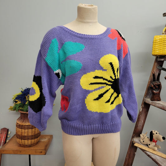 vtg 80s FLORAL KNIT SWEATER // vintage michael carrie medium womens abstract flower power lavender pastel autumn casual preppy mod knit top
