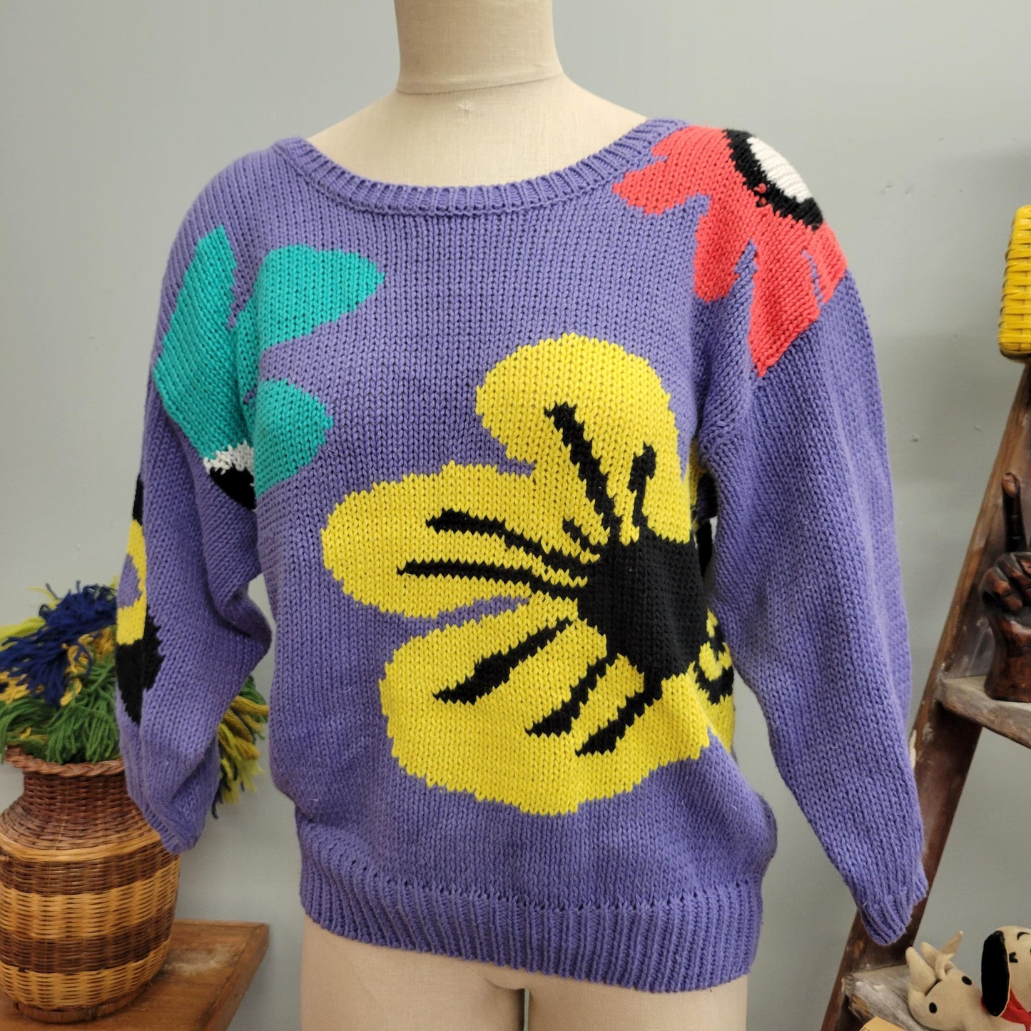 vtg 80s FLORAL KNIT SWEATER // vintage michael carrie medium womens abstract flower power lavender pastel autumn casual preppy mod knit top