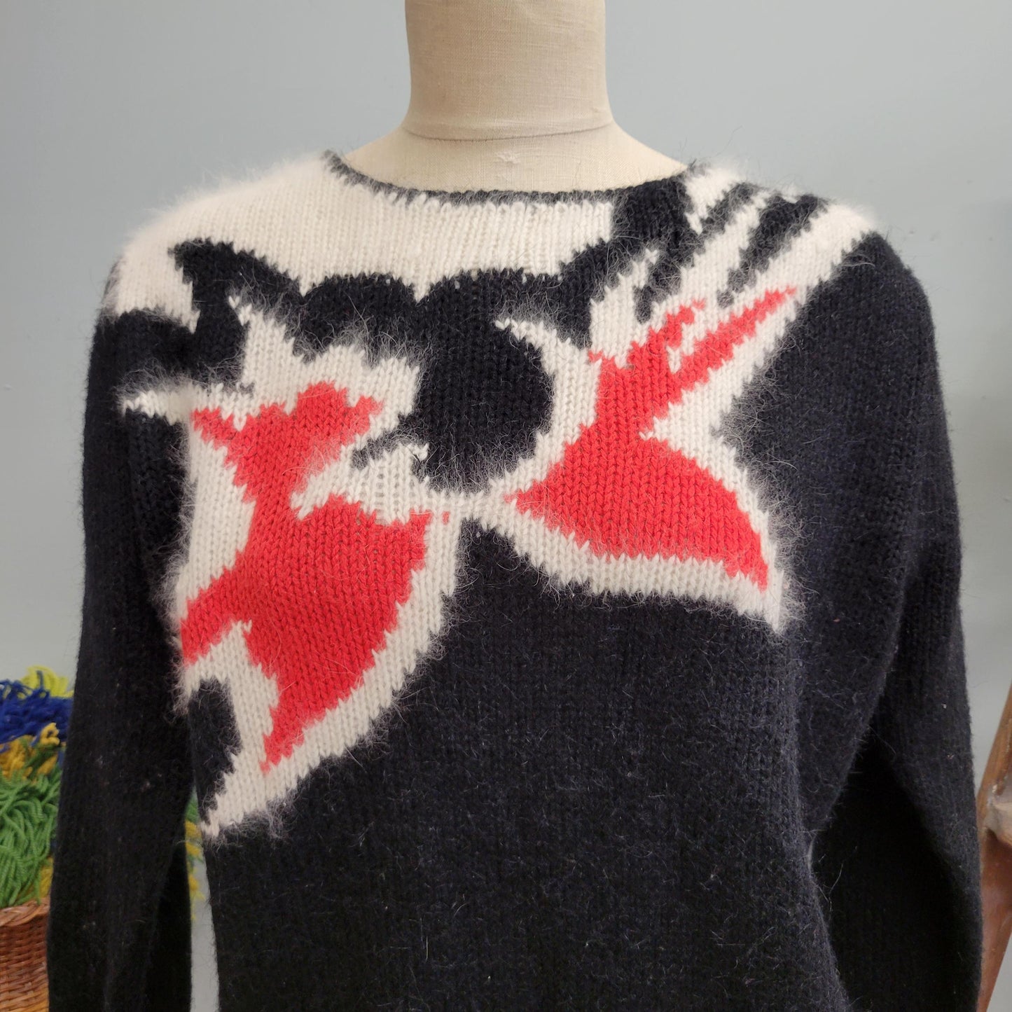 vtg 80s ANGORA FUR SWEATER // vintage angenie large womens furry fuzzy black red shaggy fancy autumn winter stylish abstract pattern feather
