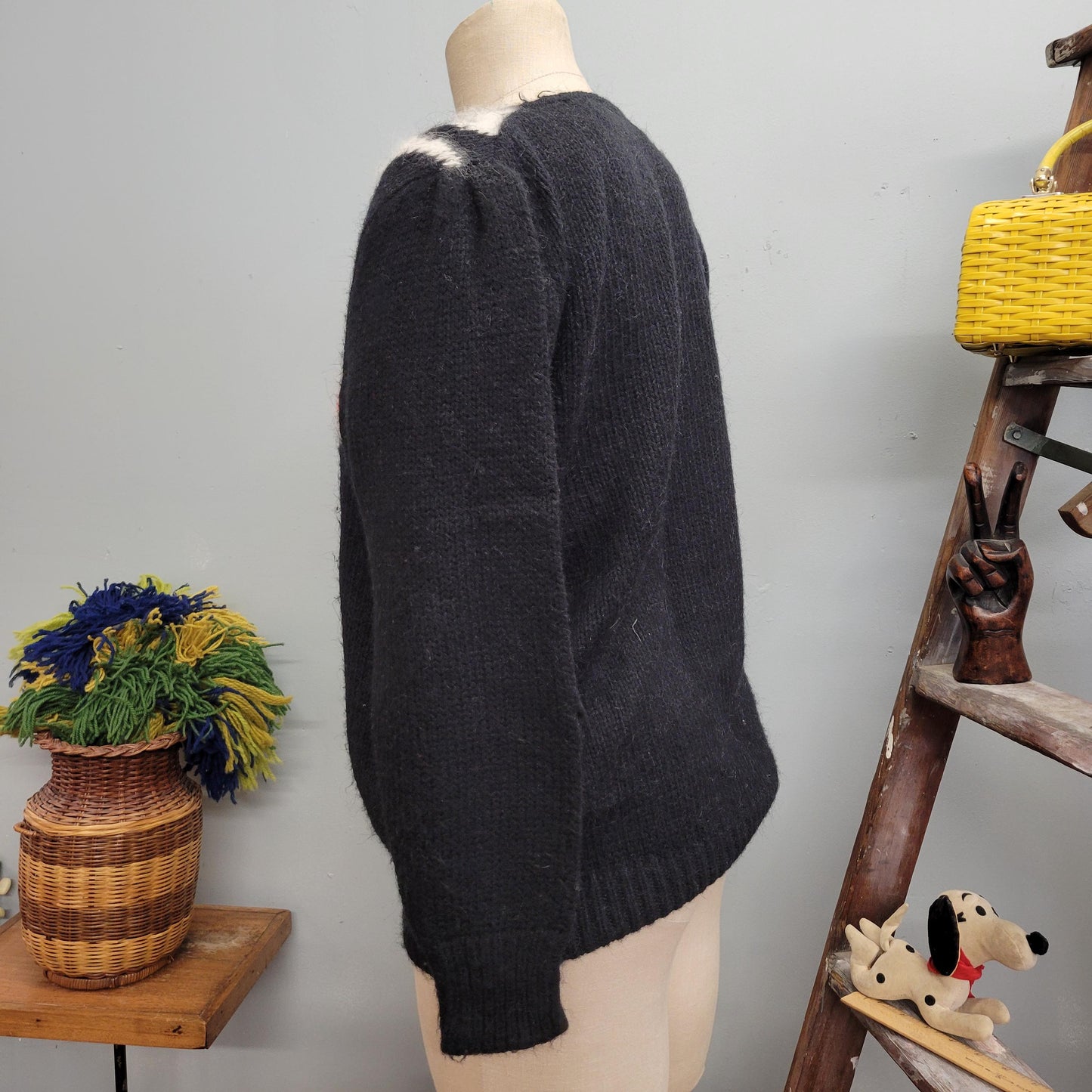 vtg 80s ANGORA FUR SWEATER // vintage angenie large womens furry fuzzy black red shaggy fancy autumn winter stylish abstract pattern feather