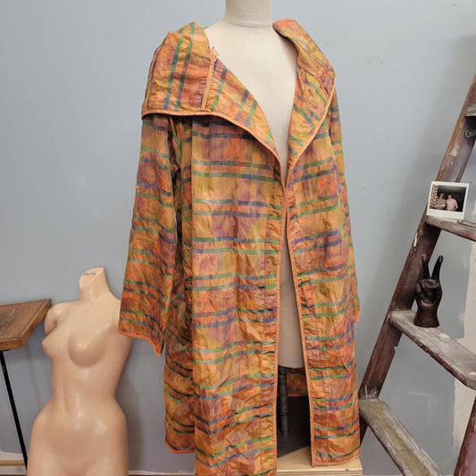 vtg 60s ORANGE GOLD STRIPED Jacket // oversized hooded raincoat lightweight parka psychedelic watercolor pattern mod autumn shiny flowy ooak