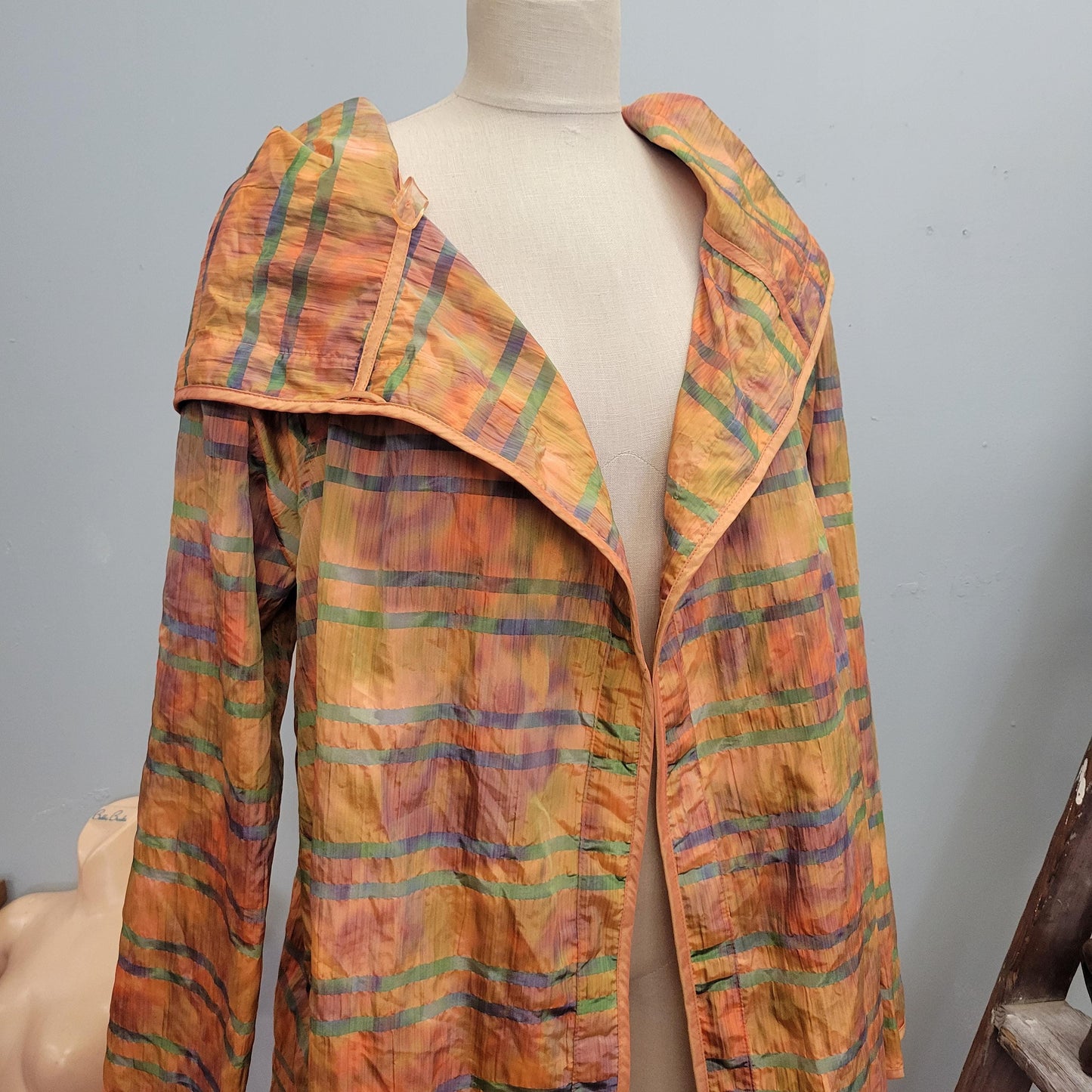 vtg 60s ORANGE GOLD STRIPED Jacket // oversized hooded raincoat lightweight parka psychedelic watercolor pattern mod autumn shiny flowy ooak