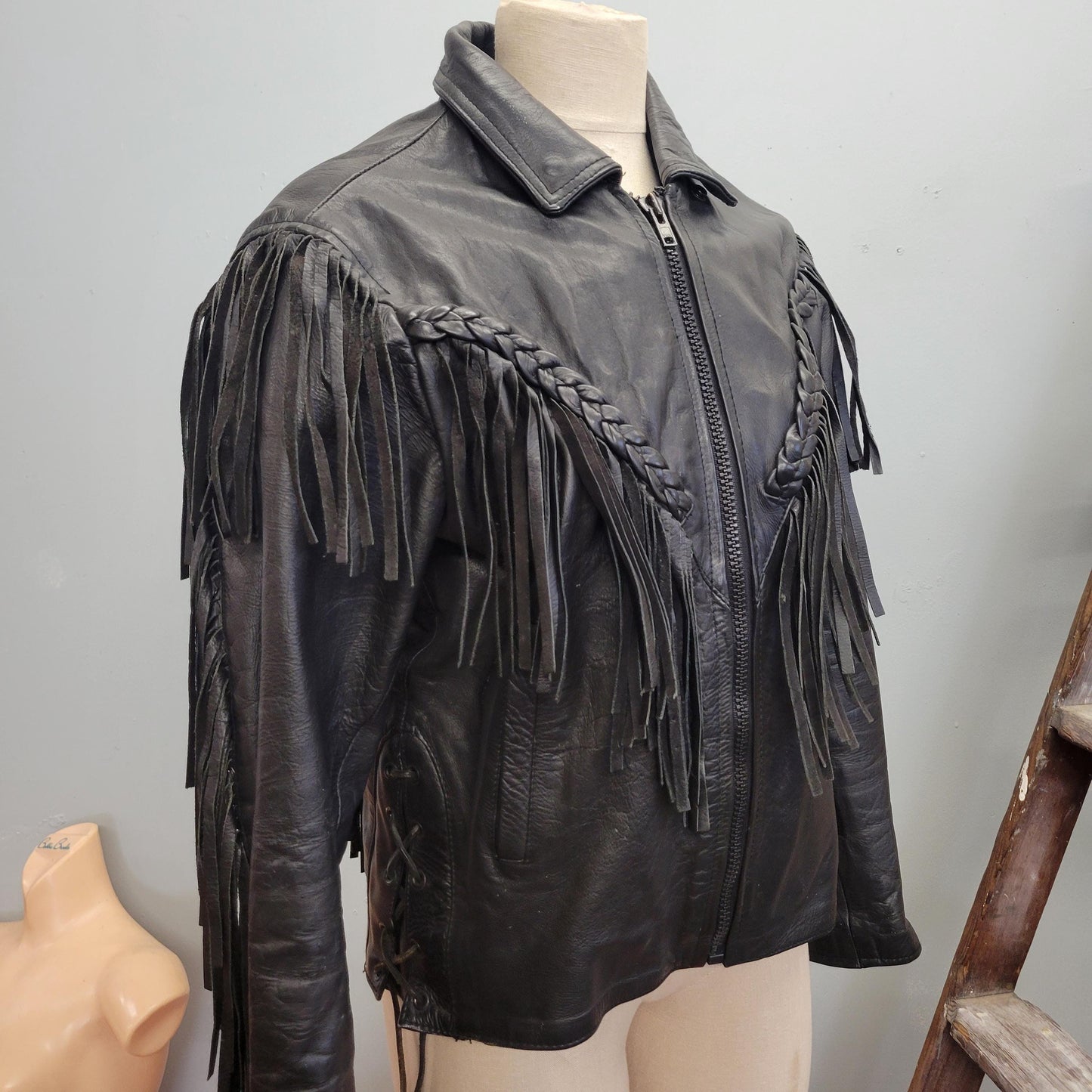 vtg 90s LEATHER FRINGE JACKET // vintage braided detail route 66 true 90s biker motorcycle western easy rider Harley Davidson highway