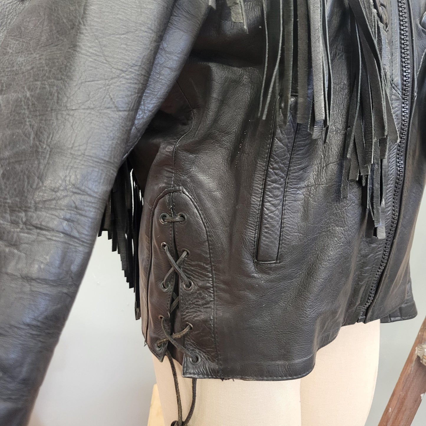 vtg 90s LEATHER FRINGE JACKET // vintage braided detail route 66 true 90s biker motorcycle western easy rider Harley Davidson highway