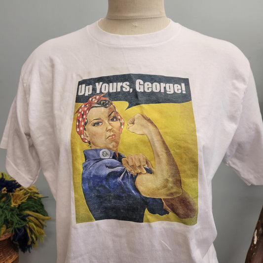 vtg 90s ROSIE RIVETER TSHIRT // vintage fruit of the loom medium "Up Yours, George" women empowerment " we can do it" protest president top