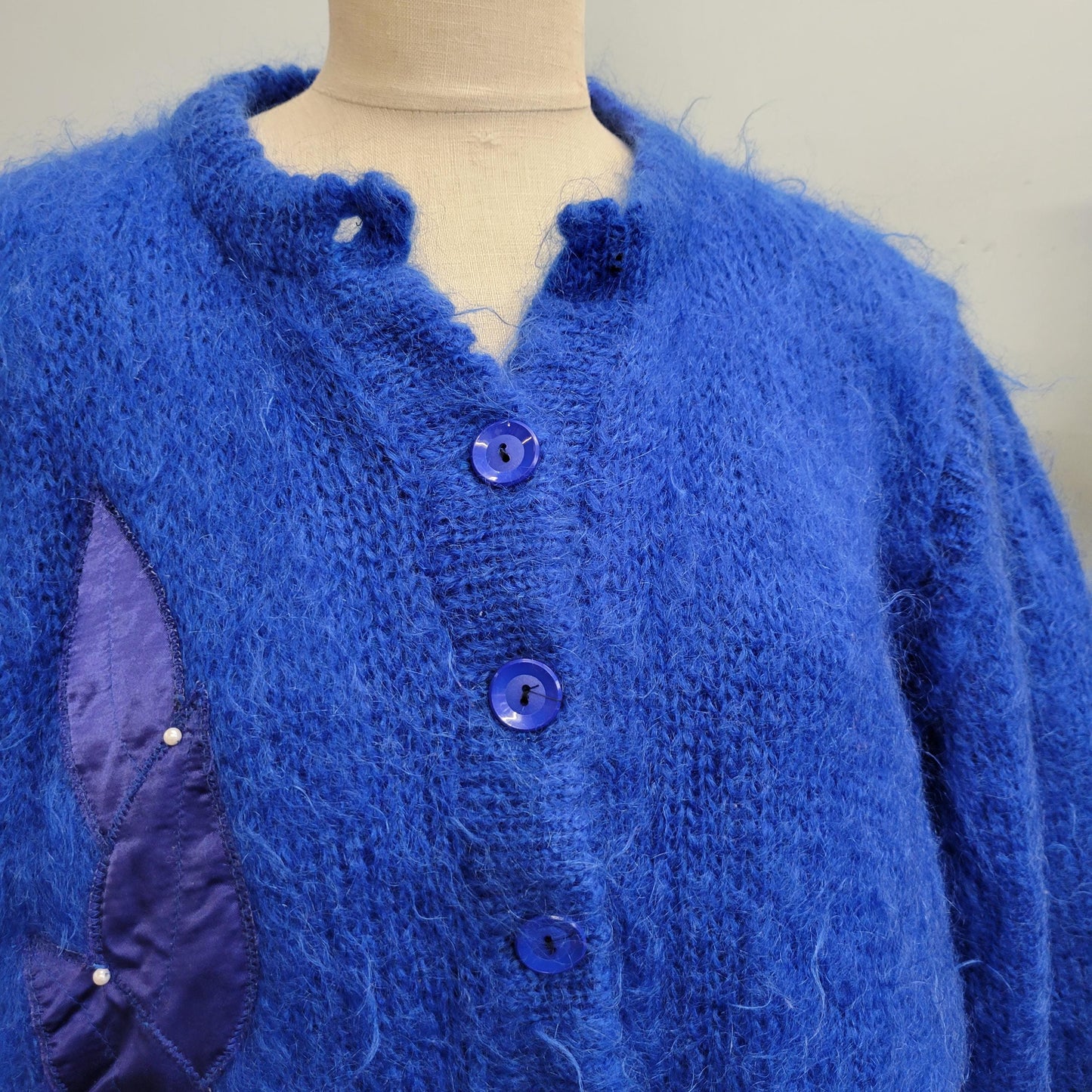 vtg 80s BLUE MOHAIR JACKET // vintage large shaggy bright jewel tones boxy sweater jacket oversized button up retro cardigan embroidered