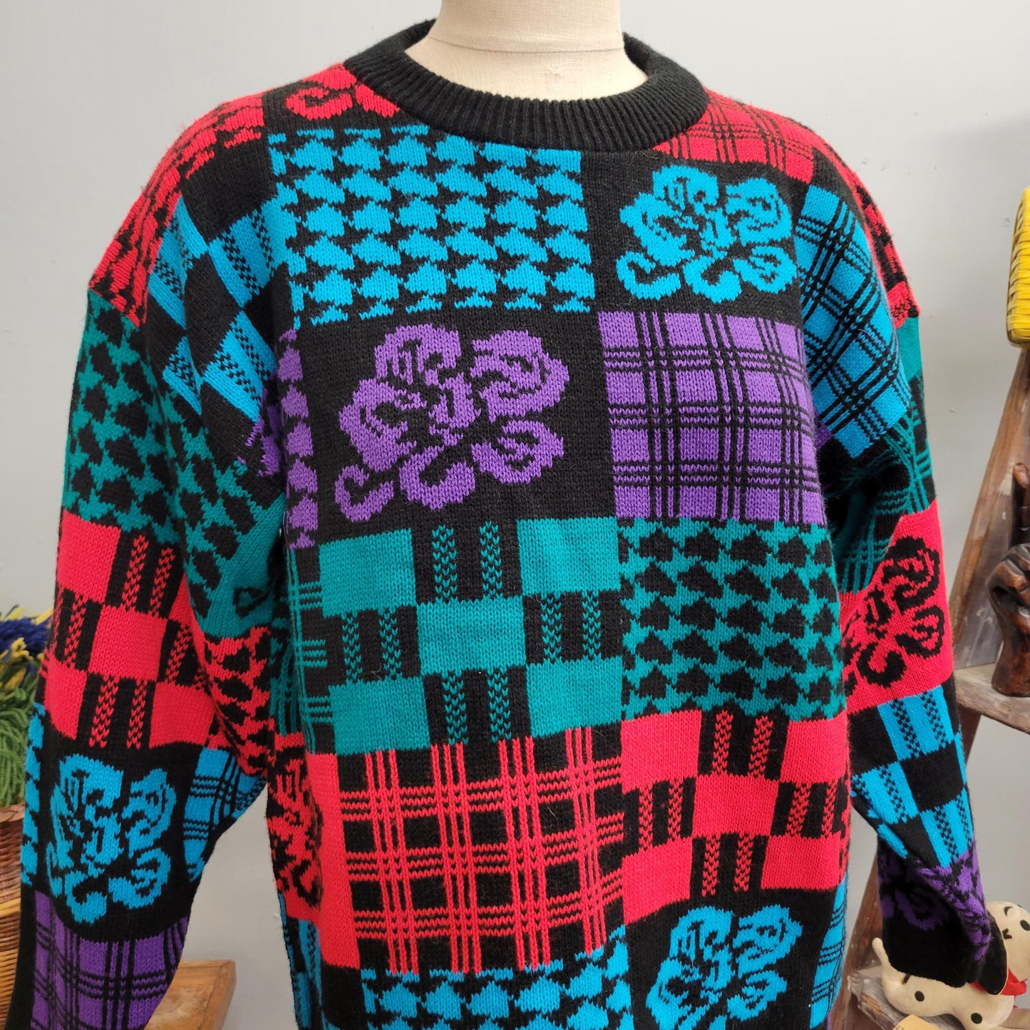 vtg 80s FUNKY PATTERN SWEATER // vintage traffic jam xl deadstock abstract checkered oversized womens autumn bright neon chunky knit retro