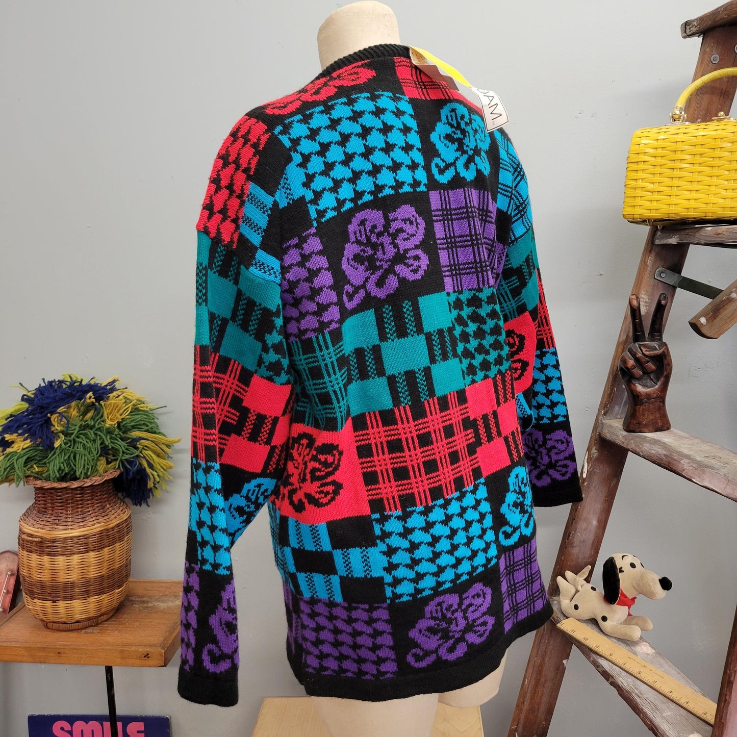 vtg 80s FUNKY PATTERN SWEATER // vintage traffic jam xl deadstock abstract checkered oversized womens autumn bright neon chunky knit retro