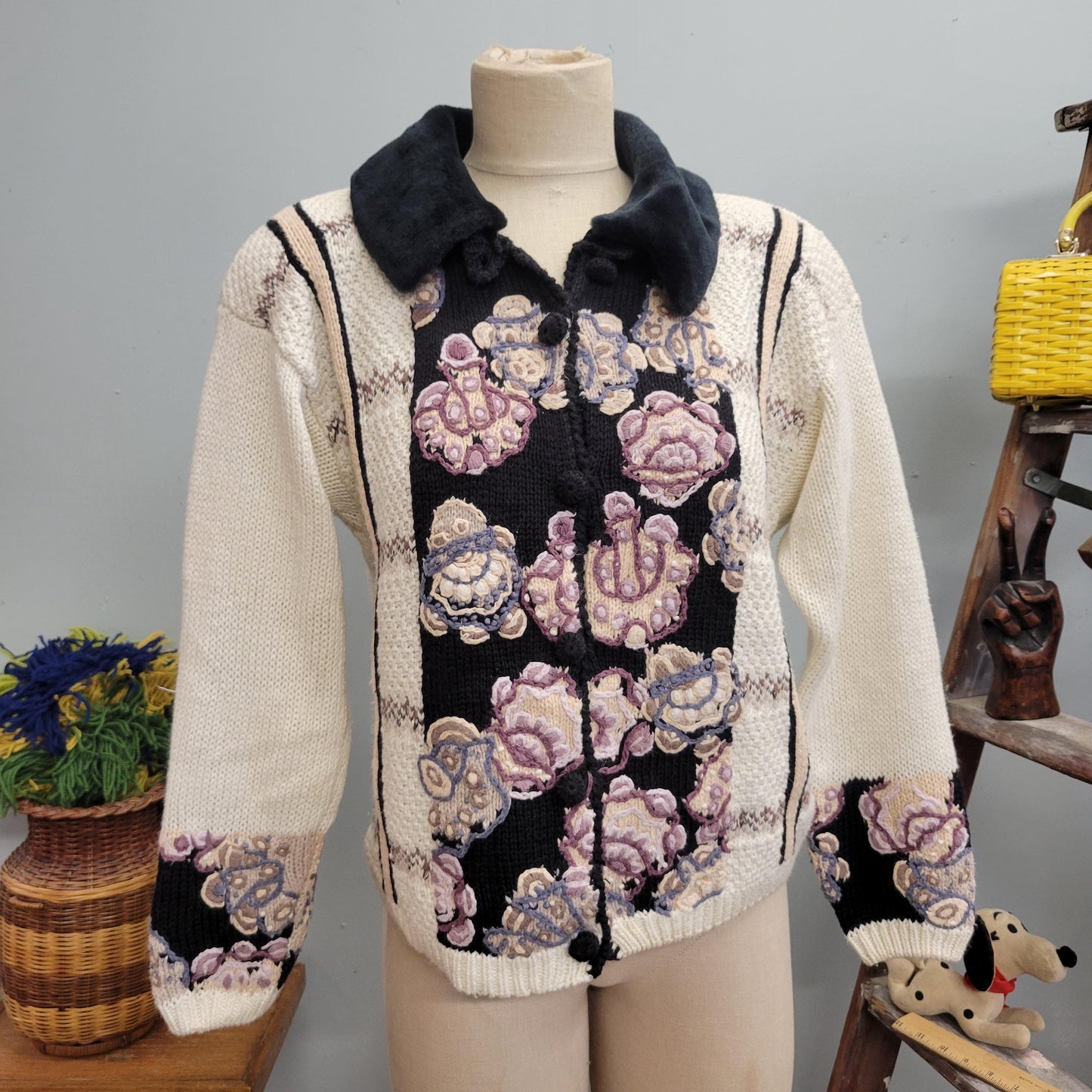 vtg 90s EMBROIDERED FUR SWEATER // vintage stitches in time small womens collared floral sweater jacket autumn cottage style preppy casual