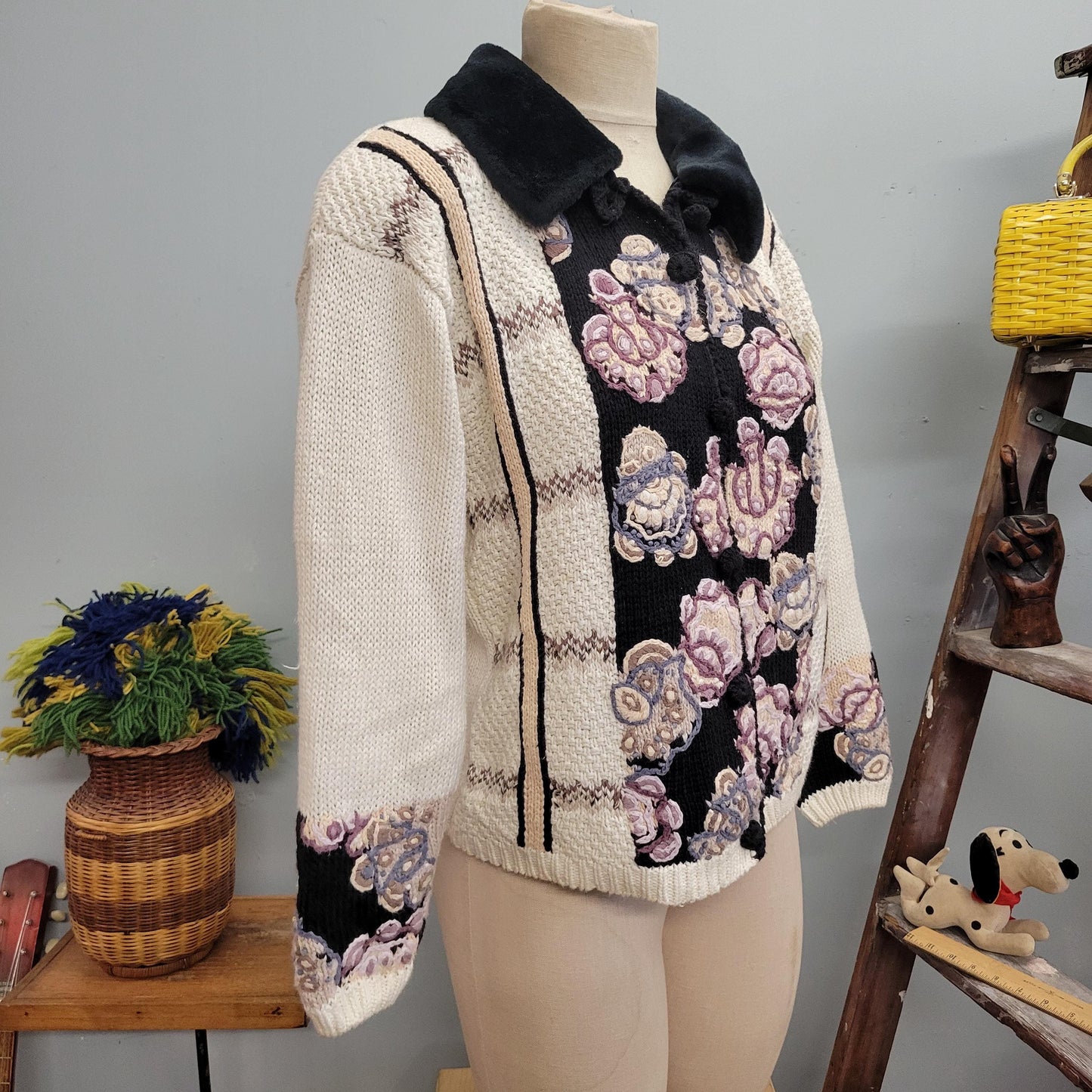 vtg 90s EMBROIDERED FUR SWEATER // vintage stitches in time small womens collared floral sweater jacket autumn cottage style preppy casual