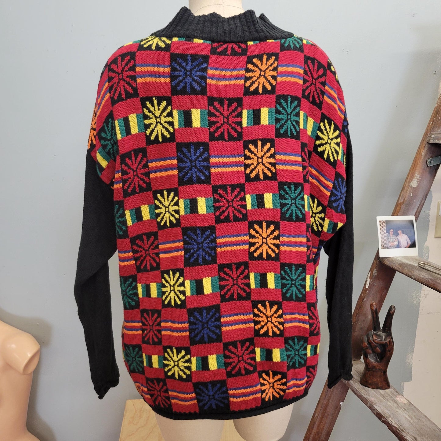 vtg 90s ESPRIT ABSTRACT GEOMETRIC Sweater // vintage wild patterned flower power chunky knit ribbed cotton atomic all over print oversized L