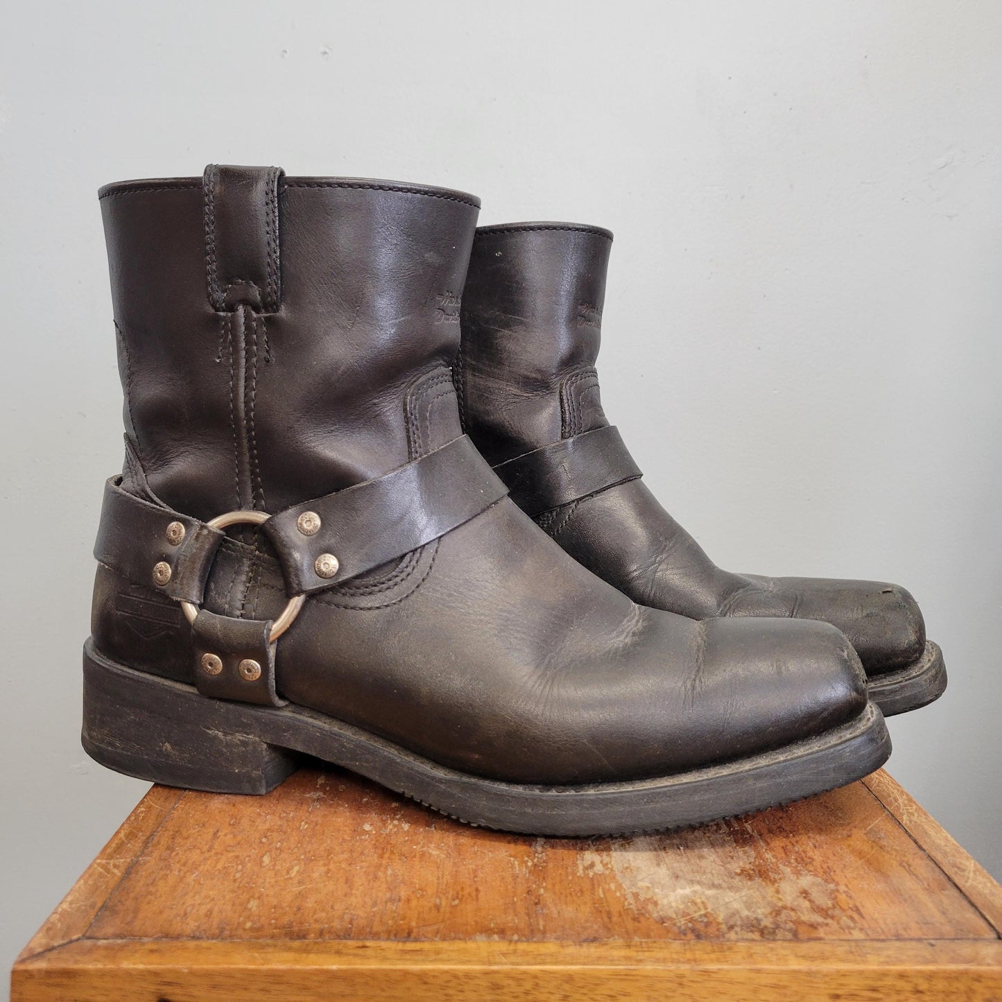 vtg 80s HARLEY DAVIDSON BOOTS // vintage leather size 10 mens usa harness biker boots silver hoop zip ankle boots western easy rider rugged