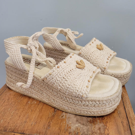 vtg 90s NEW IN BOX Mudd Sandals // vintage woven platform sandal wedges size 7 in original box strappy beaded boho hippie 70s style heels