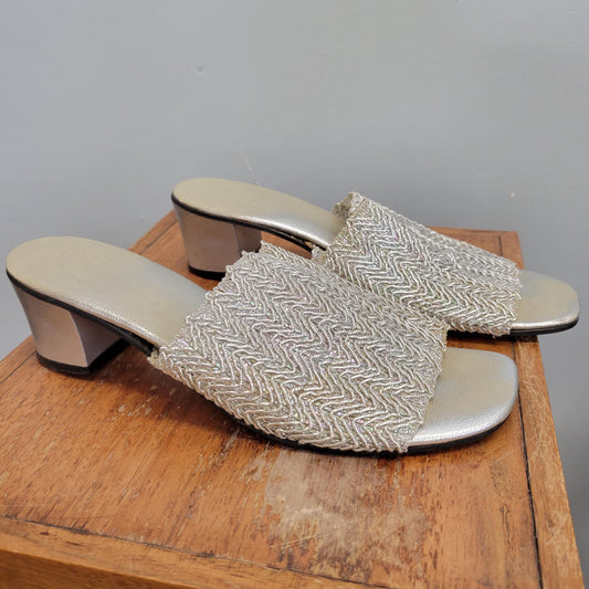 vtg 60s IRIDESCENT BEADED SANDALS // vintage gustave 9.5  womens silver slip on platform sandals twiggy mod retro fancy mod stacked slippers