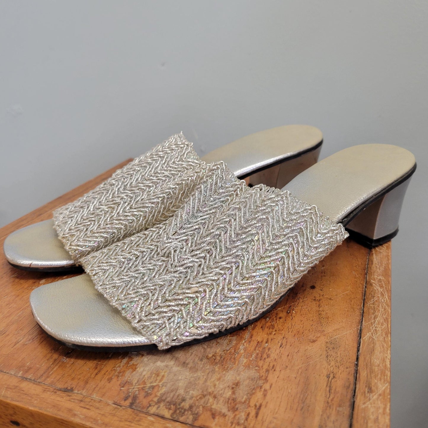 vtg 60s IRIDESCENT BEADED SANDALS // vintage gustave 9.5  womens silver slip on platform sandals twiggy mod retro fancy mod stacked slippers