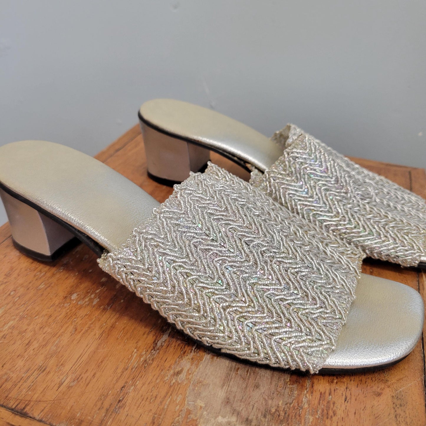 vtg 60s IRIDESCENT BEADED SANDALS // vintage gustave 9.5  womens silver slip on platform sandals twiggy mod retro fancy mod stacked slippers