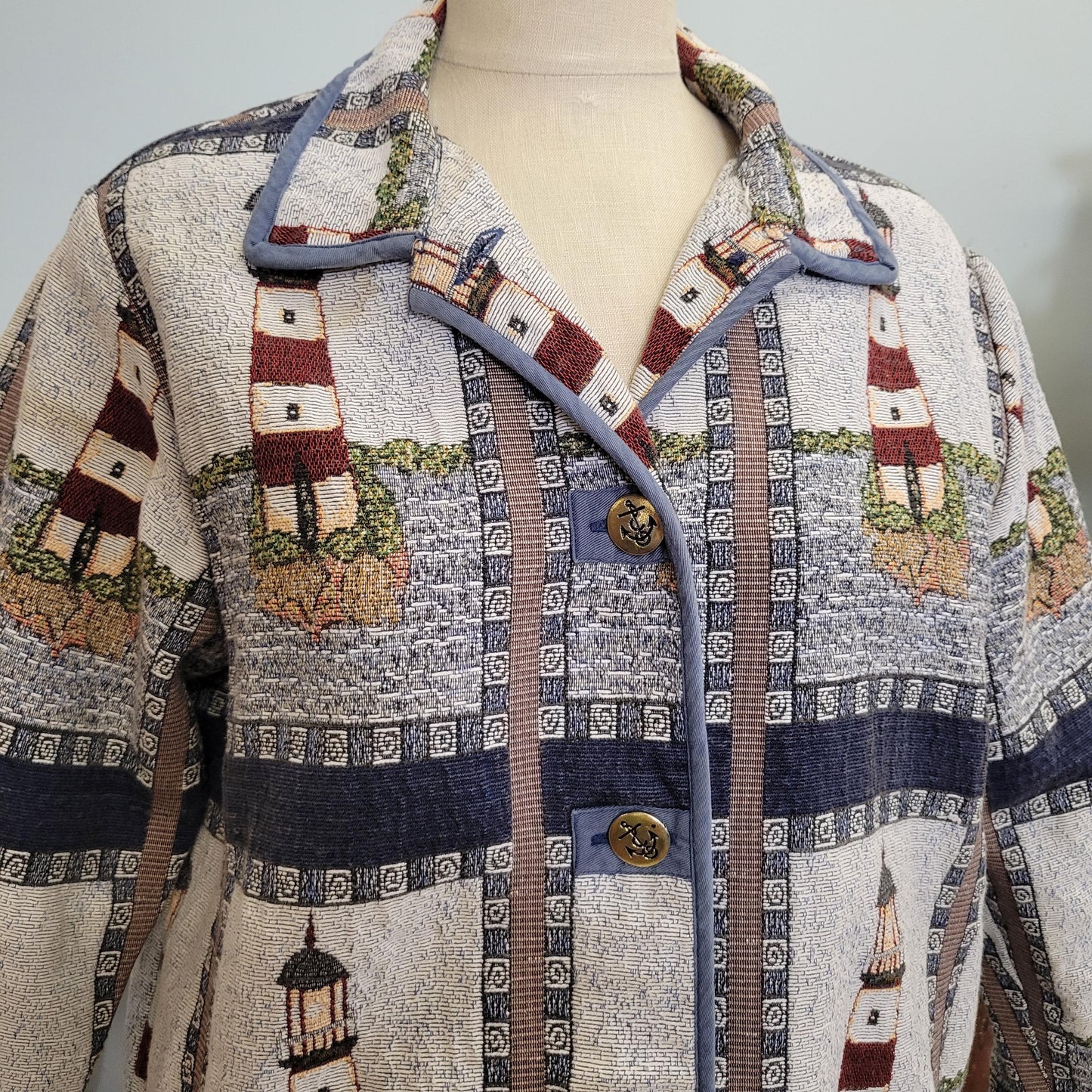 vtg 80s LIGHTHOUSE TAPESTRY JACKET // vintage blair large womens blanket all over print nautical ocean beach coastal autumn style fashion