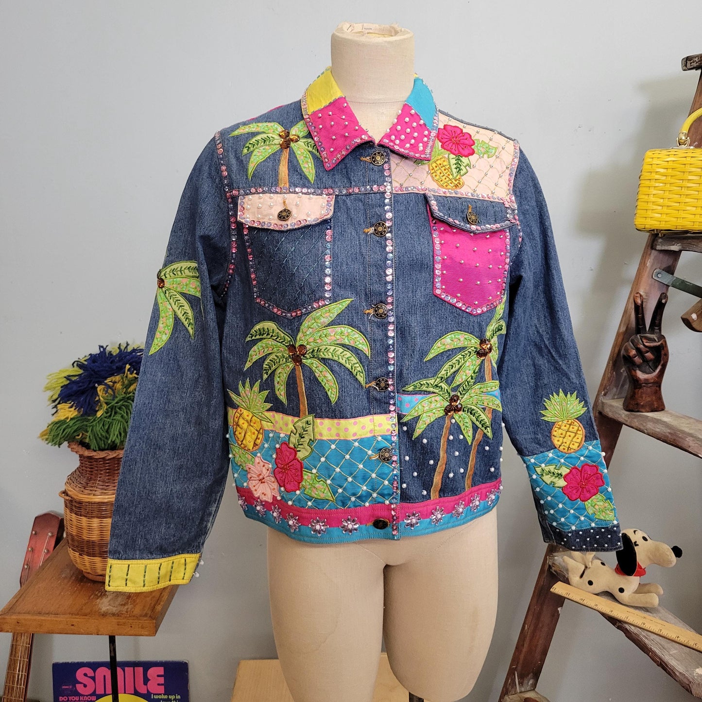 vtg 80s BEDAZZLED DENIM JACKET // vintage berer large tropical floral beaded pearls palm trees medium wash jean jacket hand painted airbrush