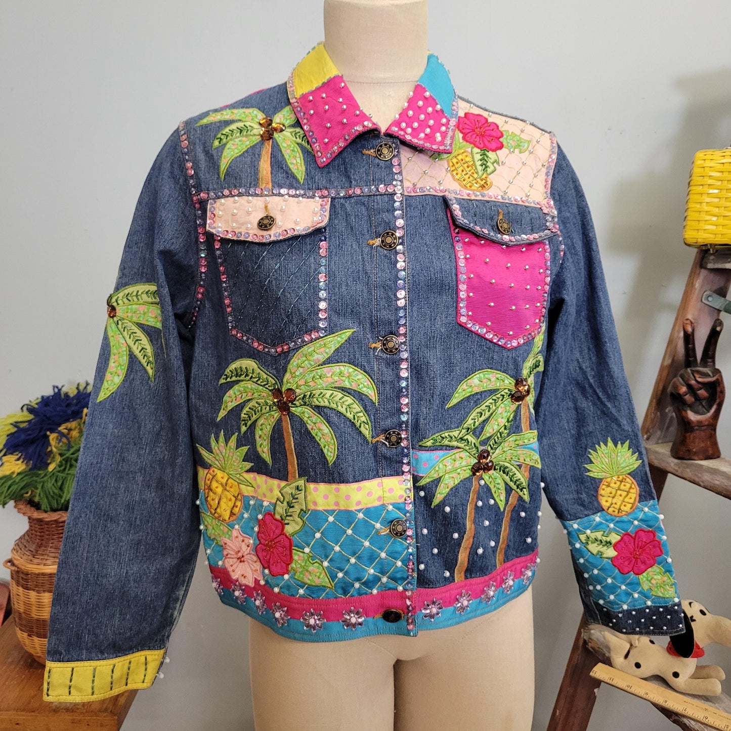 vtg 80s BEDAZZLED DENIM JACKET // vintage berer large tropical floral beaded pearls palm trees medium wash jean jacket hand painted airbrush