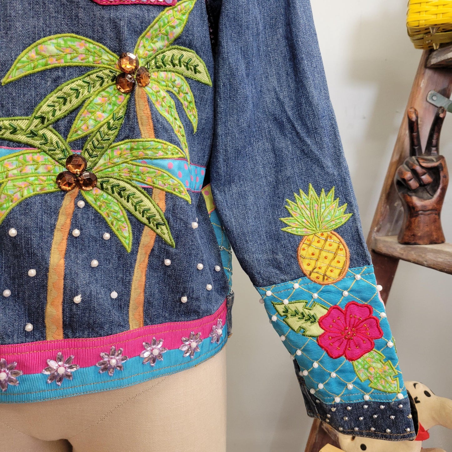 vtg 80s BEDAZZLED DENIM JACKET // vintage berer large tropical floral beaded pearls palm trees medium wash jean jacket hand painted airbrush
