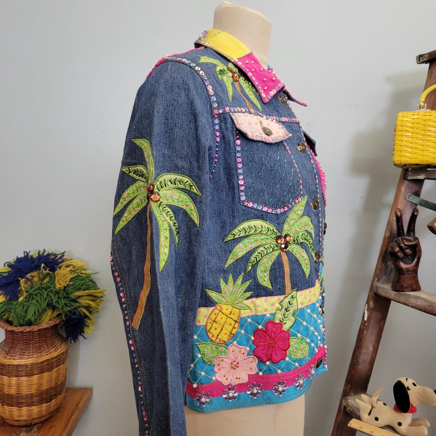 vtg 80s BEDAZZLED DENIM JACKET // vintage berer large tropical floral beaded pearls palm trees medium wash jean jacket hand painted airbrush