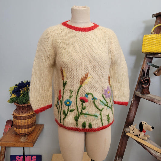 vtg 60s MOHAIR FLOWER SWEATER // vintage handmade rosanna women’s small cropped chunky knit shaggy fuzzy mcm 50s style autum preppy casual