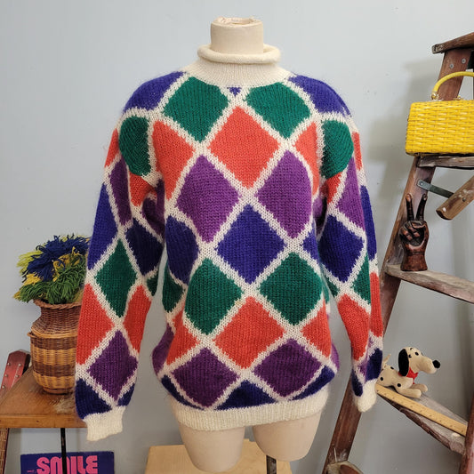 vtg 80s GEOMETRIC MOHAIR SWEATER // vintage harlequin pattern chance encounters medium women’s fuzzy shaggy autumn cozy multicolor sweater